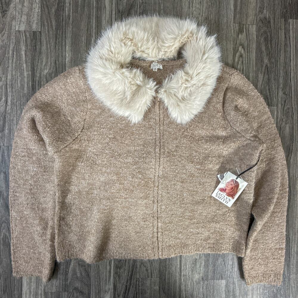 Jaclyn Smith Faux Fur Collar Sweater XL Beige Cozy Soft Winter Pullover NWT